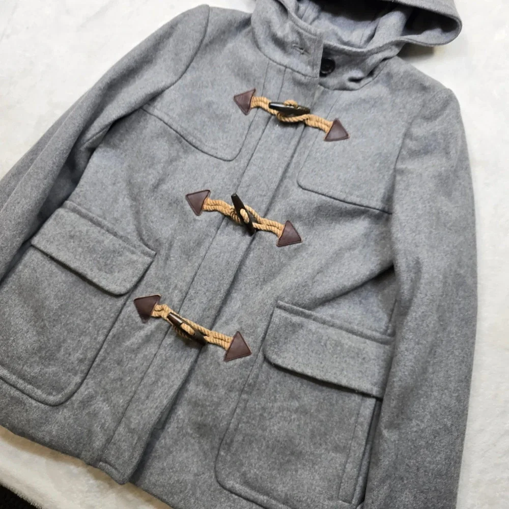 J Crew Duffle Coat Womens XS 0‎ Grey Melton Wool Italy Hood Toggle Peacoat